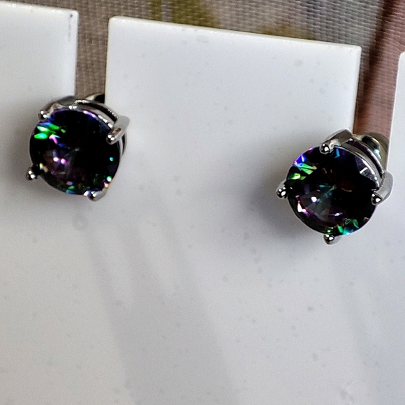 Mystic Topaz Purple Blue Green Rainbow Big Stud Pierced Silver Tone Earrings NEW - Picture 7 of 8